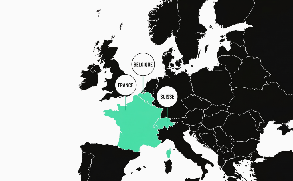 Carte de la zone d’intervention de Will Lean Consulting en France, Belgique et Suisse